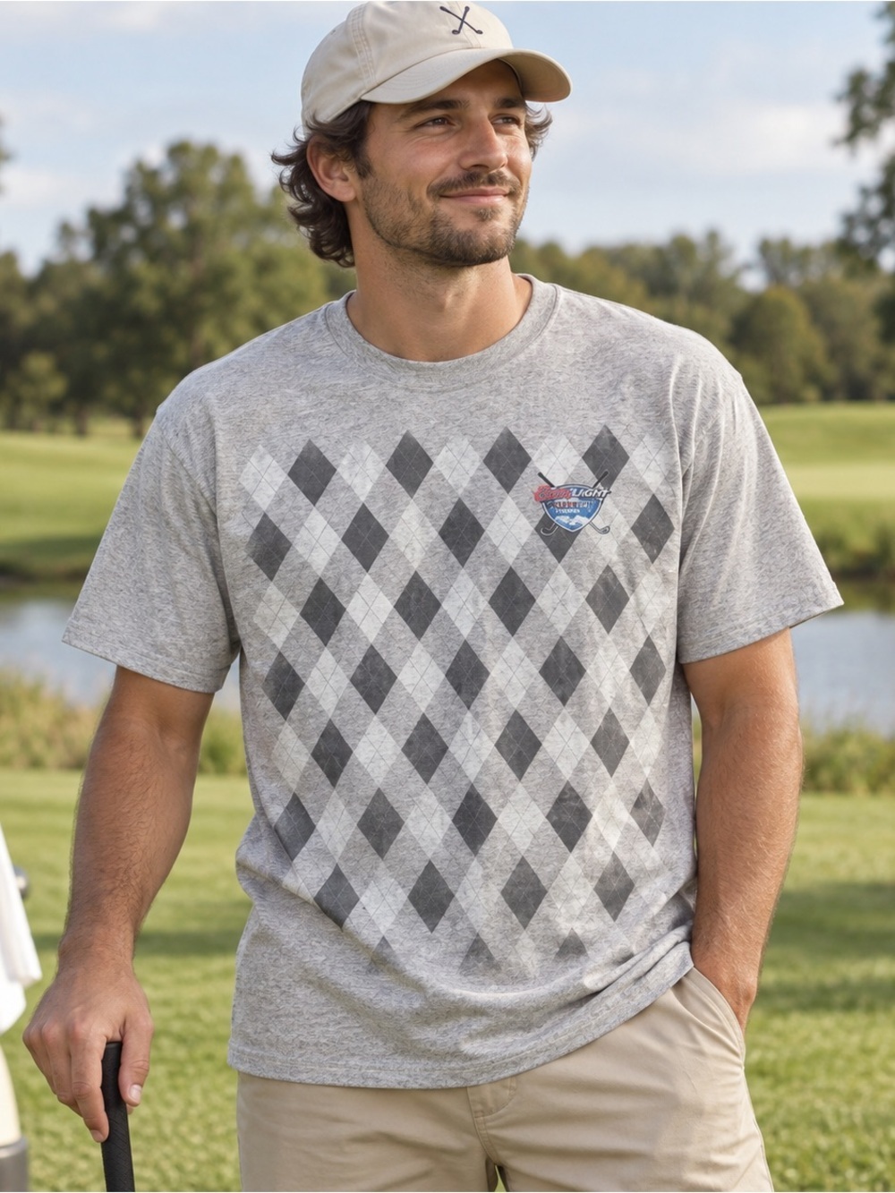 Coors Light Maxim Golf Experience T-shirt Size Large Gildan Gray Argyle Y2K